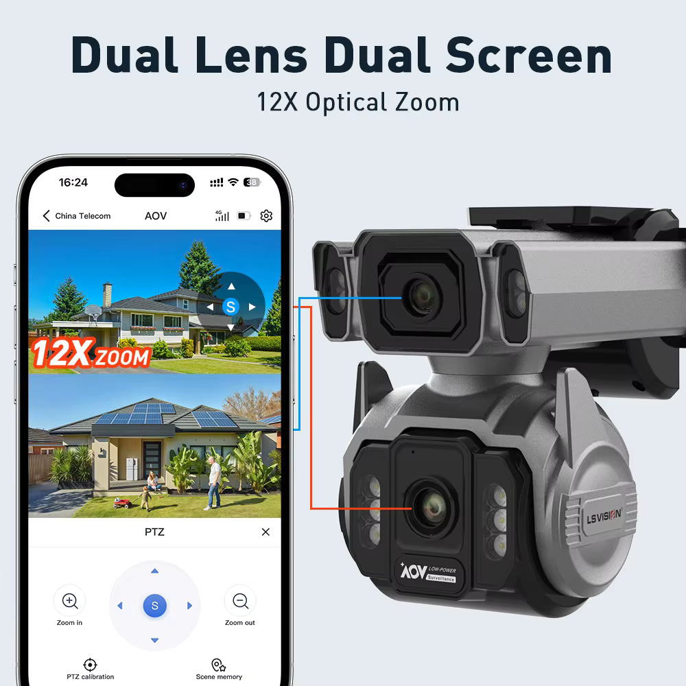 LS VISION 10MP Dual Screen 4G AOV Solar Camera 12X Optical Zoom Outdoor 24/7 Video Recording Auto Zoom Tracking Security Cameras